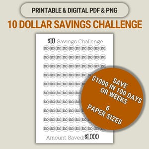 Reto de ahorro de 10 dólares: Ahorra 1000 dólares (Descarga digital PDF/PNG)