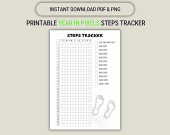 Year in Pixels Steps Tracker: Printable Walking Log (PDF & PNG)