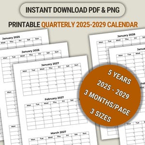 Calendario trimestral imprimible de 5 años 2025-2029. 3 meses por página. Inicio: lunes y domingo. Planificador 2025, 2026, 2027, 2028 y 2029. Insertar PDF y PNG.
