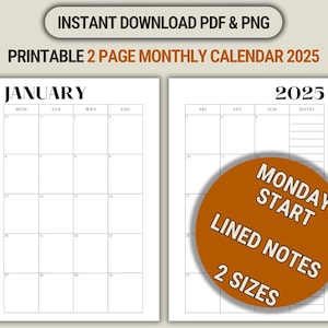Calendario mensual de 2 páginas 2025, planificador imprimible, mes 2025 con fecha en dos páginas, plantilla de calendario de inicio de lunes, tamaño A4 y carta, PDF y PNG