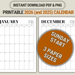 2026 Monthly Calendar Printable Sunday Start including 2025 Minimalist Planner Insert in Letter A4 & A5 Portrait Instant Download PDF PNG