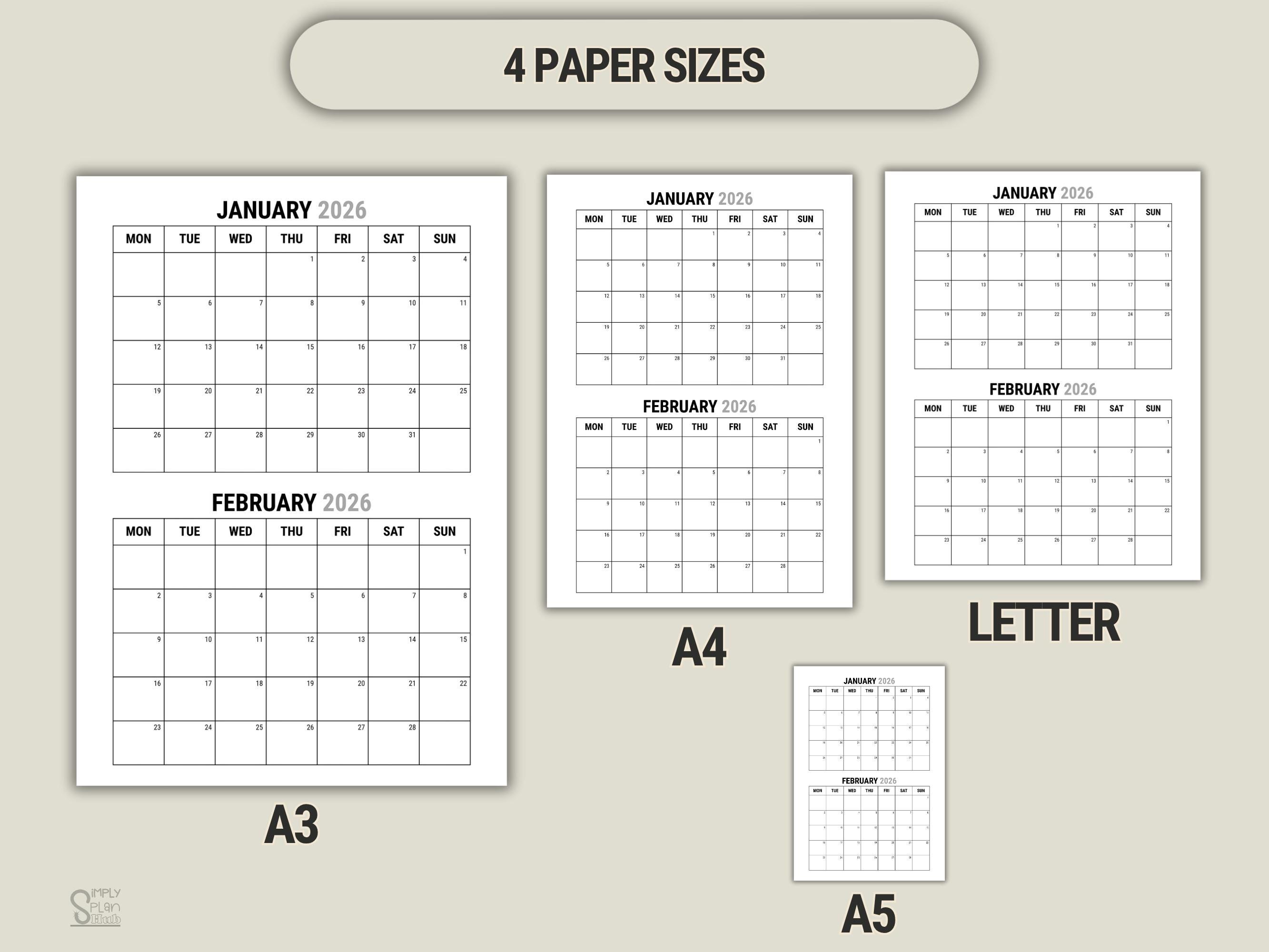 2026 Two Month Calendar Printable: Minimalist Planner Insert (A3 A4 A5 ...