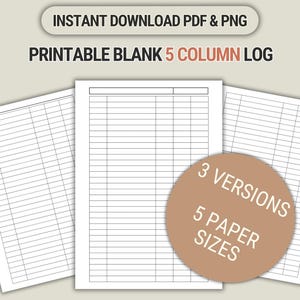Plantilla de registro de 5 columnas imprimible / Plantilla de seguimiento multipropósito / Formulario de registro personalizable / PDF y PNG A4 / A5 / Carta / Media página / Planificador clásico feliz