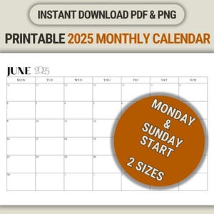 Calendario imprimible 2025. Planificador mensual 2025, tamaño carta y A4, horizontal, inicio lunes y domingo, minimalista. Descarga instantánea. PDF, PNG, insertar.