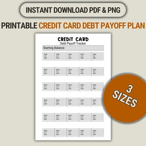 Plan de pago de deudas de tarjetas de crédito: rastreador de pagos imprimible, registro de presupuesto digital y herramienta de planificación financiera en formatos A4, A5 y Carta (PDF y PNG).