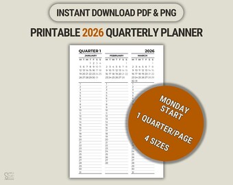 Afdrukbare kwartaalplanner voor 2026 | Minimalistische kalenderbijlagen (pdf) vanaf maandag