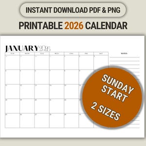2026 Printable Calendar: Monthly Planner with Notes (PDF & PNG) Starting Sunday Landscape
