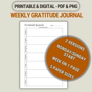 Plantilla imprimible de diario de gratitud semanal para crecimiento personal. Descarga instantánea en PDF/PNG en tamaño A4/A5/Carta/Media página/Clásico. Planificador feliz.