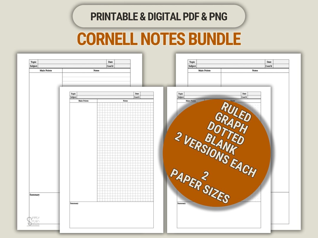 Cornell Notes Template Printable Pack of Graph, Ruled, Dotted & Blank ...