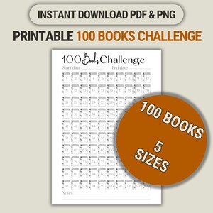 Plantilla imprimible de registro de lectura "Desafío de los 100 libros" para diario de lectura (descarga instantánea en PDF y PNG, 5 tamaños)