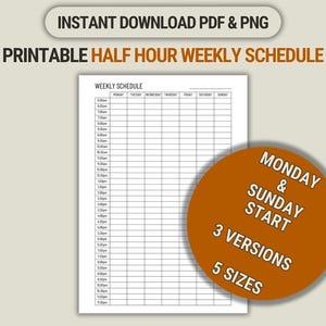 Horario semanal de media hora, inserto imprimible para planificador: resumen semanal, agenda, lista de tareas. Planificador Happy Planner en formato A4/A5/Carta/Media Hora/Clásico (PDF/PNG)