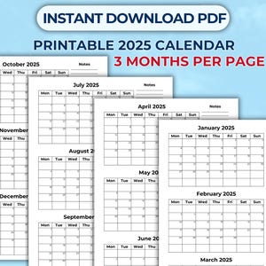 Calendario trimestral 2025 imprimible (3 meses por página, inicio lunes y domingo) - Planificador o calendario de pared en tamaño A3, A4, A5, Carta (EE. UU.), PDF, PNG
