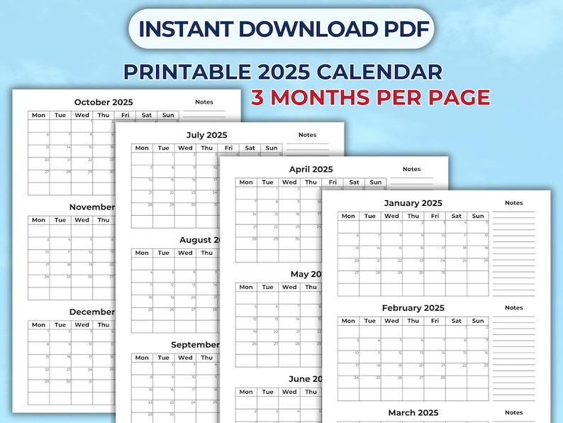 2025 Calendar Printable | Quarterly Wall Calendar or Planner Insert | 3 ...