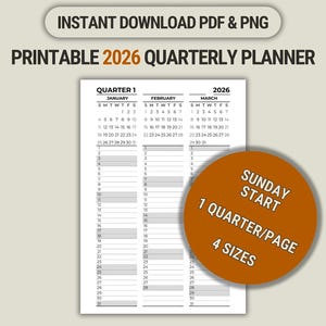 May include: Printable 2026 quarterly planner in PDF and PNG formats. The black and white planner includes the months of January, February, and March. The planner has a Sunday start and is available in 4 sizes. Text on the image says "INSTANT DOWNLOAD PDF & PNG".