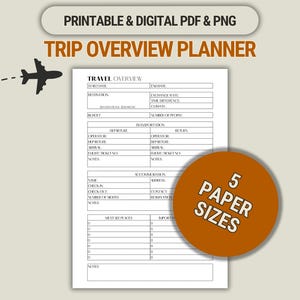 Modelo de planejador de visão geral de viagem para impressão de férias, organizador de viagem em PDF e PNG de 1 página em formato A4/A5, carta/meio e planejador feliz clássico