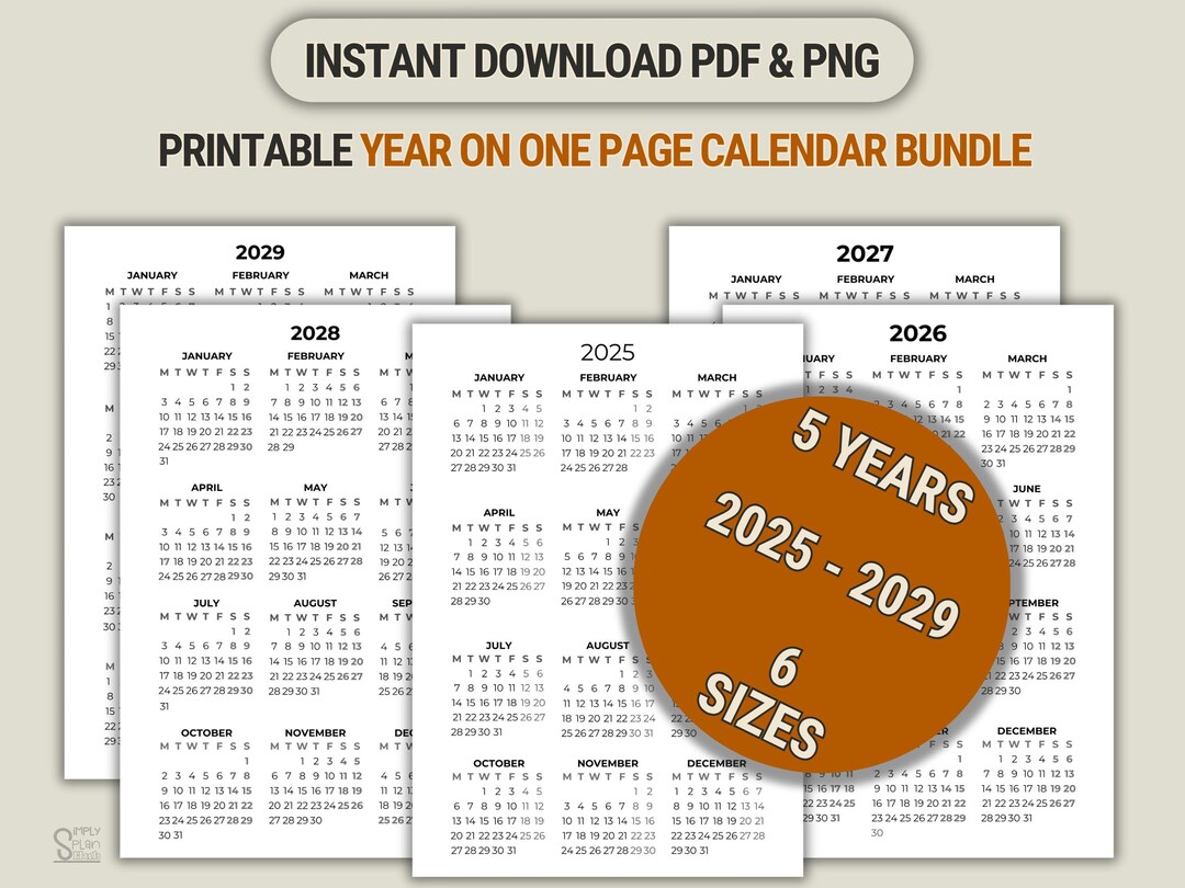 5-year Calendar 2025-2029 Printable: Year-at-a-glance Planner (PDF) - Etsy