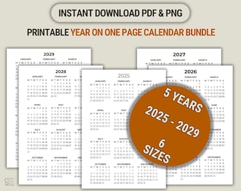 5-Year Calendar 2025-2029 Printable: Year-at-a-Glance Planner (PDF)