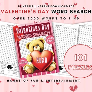 Sopa de letras de San Valentín / Juegos imprimibles con temática de San Valentín y amor / Rompecabezas descargables para adultos, adolescentes y personas mayores / Formatos A4 y PDF