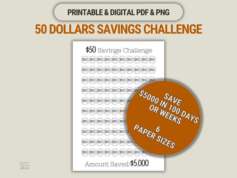 50 Dollar Savings Challenge Tracker, Save 5000 Dollars (PDF/PNG) - Etsy