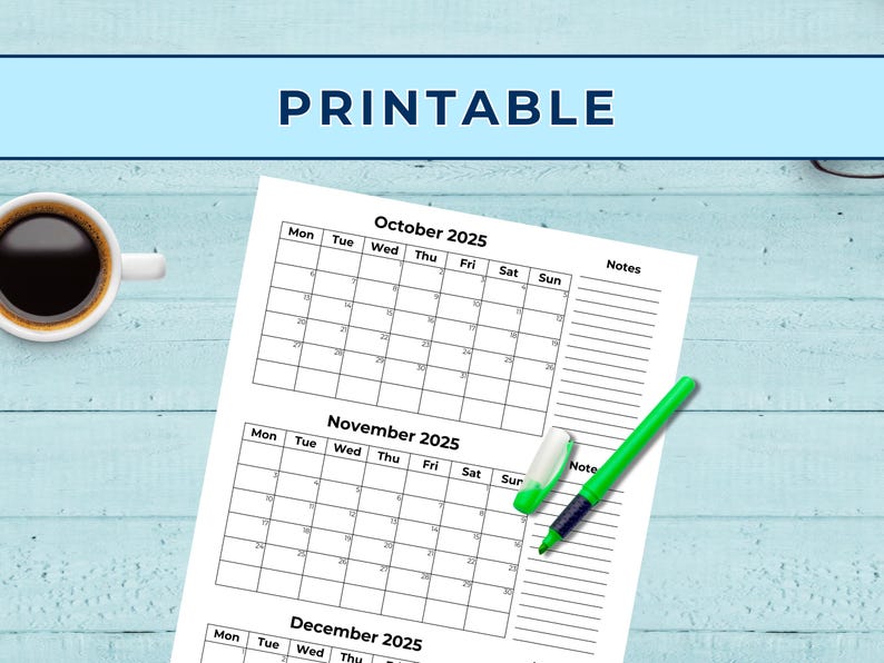 Quarterly Calendar 2025 Printable 3 Months per Page Monday &amp; Sunday ...