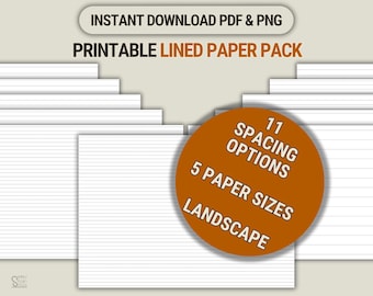 Printable Lined Paper Landscape Pack, Notebook Journal Digital Notes PDF A4/A5/Letter/Half/Classic Happy Planner Wide/College/Narrow/Metric