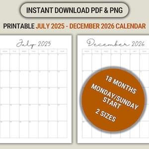 Calendario imprimible de 18 meses, julio de 2025 - diciembre de 2026, calendario mensual, tamaño A4 y carta de EE. UU., PDF/PNG, inserto de planificador de inicio de domingo y lunes