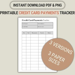 Plantilla imprimible de seguimiento de pagos con tarjeta de crédito para el planificador de finanzas personales. Descarga instantánea en PDF y PNG. Tamaños A4, A5 y Carta.