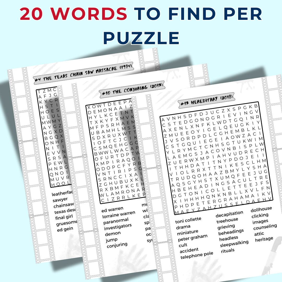 Word Search Printable Puzzles 100 Horror Movie Themed Wordsearch Games ...