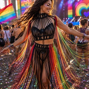 Robe LGBTQ+, robe de festival, robe Pride, robe fierté lesbienne, robe CSD, robe arc-en-ciel en macramé, robe arc-en-ciel, tenue de festival