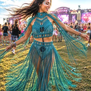strój festiwalowy, sukienka festiwalowa, sukienka pokazowa, sukienka boho makrama, sukienka na paradę, strój sceniczny, sukienka z frędzlami, sukienka imprezowa, strój festiwalowy