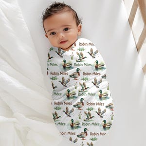 Mallard Duck Personalize Boy Swaddle Blanket, Coming Home Outfit, Duck Hunter Baby Shower Gift, Newborn Photo, Hospital Name Announcement