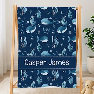 Under the Sea Baby Boy Personalized Blanket, Boy Custom Whale Name Blanket, Ocean Nursery Decor, Baby Shower Gift, Toddler Birthday Present