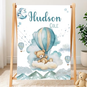 Bear Voyage Personalize Baby Boy Blanket, Toddler Birthday Gift, Bear Nursery, Baby Shower Gift, Grand Son Gift, Hot Air Balloon Boy Blanket