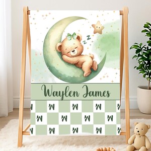 Sleeping Teddy Bear Personalized Baby Boy Blanket, Toddler Birthday Gift, Baby Shower Gift, Custom Baby Boy Name Blanket, Moon Bear Blanket