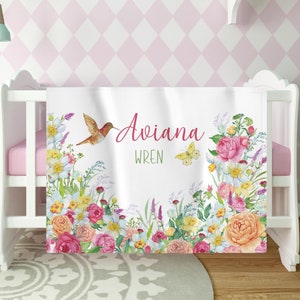Rose Humming Bird Personalize Baby Girl Blanket, Toddler birthday gift, Floral nursery décor, Baby Shower Gift, Grand Daughter Gift