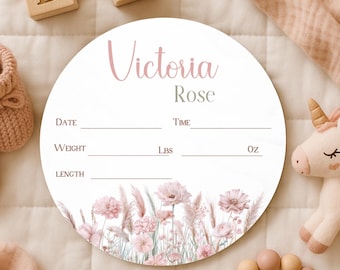 Letrero de madera personalizado con nombre de niña, letrero redondo con nombre de hospital, regalo de baby shower con flores silvestres, anuncio de nacimiento.