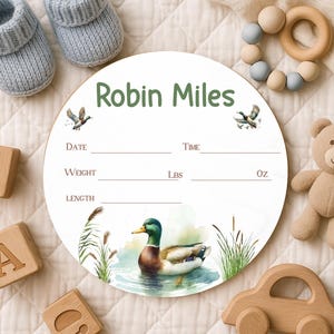 MALLARD DUCK Baby Boy Birth Stat Sign – Personalized Wood Name Sign , Round Hospital Sign, Duck Baby Shower Gift, Newborn Birth Announcement