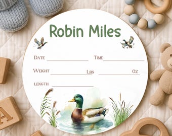 MALLARD DUCK Baby Boy Birth Stat Sign – Personalized Wood Name Sign , Round Hospital Sign, Duck Baby Shower Gift, Newborn Birth Announcement