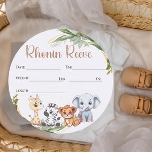 Jungle Safari Personalize Baby Boy Wood Birth Stats, Safari Animal Nursery, Birth Announcement, Baby Shower Gift, Round Hospital Name Sign