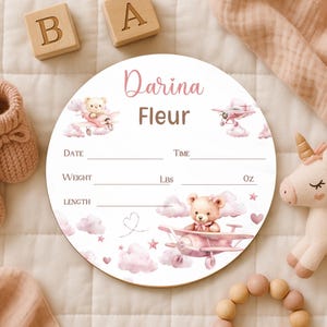 PILOT BEAR Baby Girl Birth Stats Sign – Personalized Wood Name Sign, Round Hospital Name Sign, Aviation Nursery, Adventure Baby Shower Gift