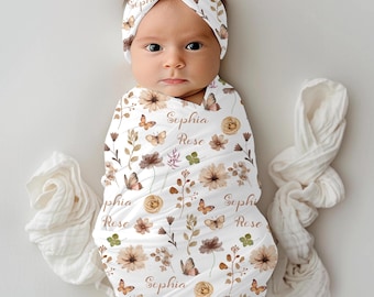 Boho Wildflower Baby Girl Personalize Swaddle Blanket, Coming Home Outfit, Baby Shower Gift, Newborn Photo Prop, Hospital Name Announcement