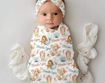 Personalized Mermaid Baby Girl Swaddle Blanket, Newborn Coming Home Outfit, Ocean Name Reveal Photo Prop, UnderWater Baby Shower Gift