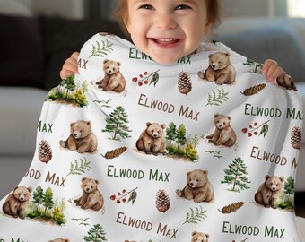 BEAR Personalize Baby Boy Blanket, Toddler Birthday Gift, Woodland Baby Shower Gift, Forest Nursery, Boy Forest woodland Name Blanket