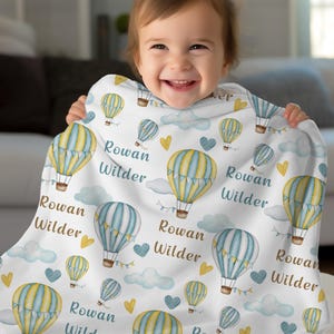 Baby Boy Hot Air Balloon Personalize Blanket, Toddler Birthday Gift, Baby Shower Gift, Hot Air Balloon Nursery, Boy Air Balloon Name Blanket