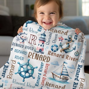 Manta náutica personalizada para bebé niño, manta con nombre de velero y ancla, regalo para baby shower, regalo de cumpleaños para niño pequeño, decoración azul para habitación infantil
