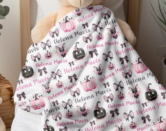 Roze en zwarte Halloween personaliseren deken meisje, cadeau voor peuter, Halloween kraamcadeau, leuke kawaii pompoen naamdeken, Jack O Lantern