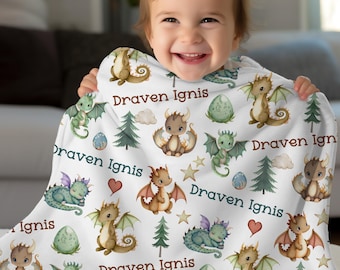 DRAGON 男の子用パーソナライズブランケット、男の子用カスタムドラゴンネームブランケット、幼児ギフト、ベビーシャワーギフト、おとぎ話風ベビーベッドブランケット