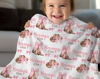 COQUETTE BOOTS & HAT Baby Girl Personalize Blanket, Toddler Birthday Gift, Cowgirl Baby Shower Gift, Western Girl  Blanket, Cowgirl Nursery