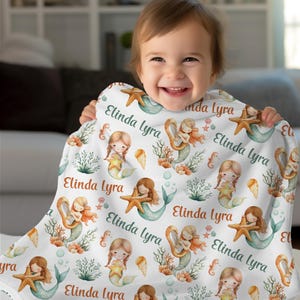 Mermaid Baby Girl Personalize Blanket, Toddler Birthday Gift, Baby Shower Gift, Girl Mermaid Ocean Name Blanket, Under Sea Mermaid Nursery