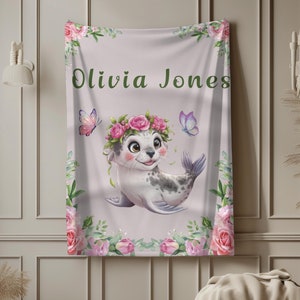 Floral Sea Lion Personalize Baby Girl Blanket, toddler birthday gift, Under the sea nursery, baby shower, grand daughter gift, crib blanket